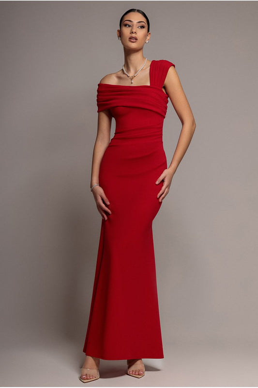 One Shoulder Evening Maxi Dress - Red by Goddiva