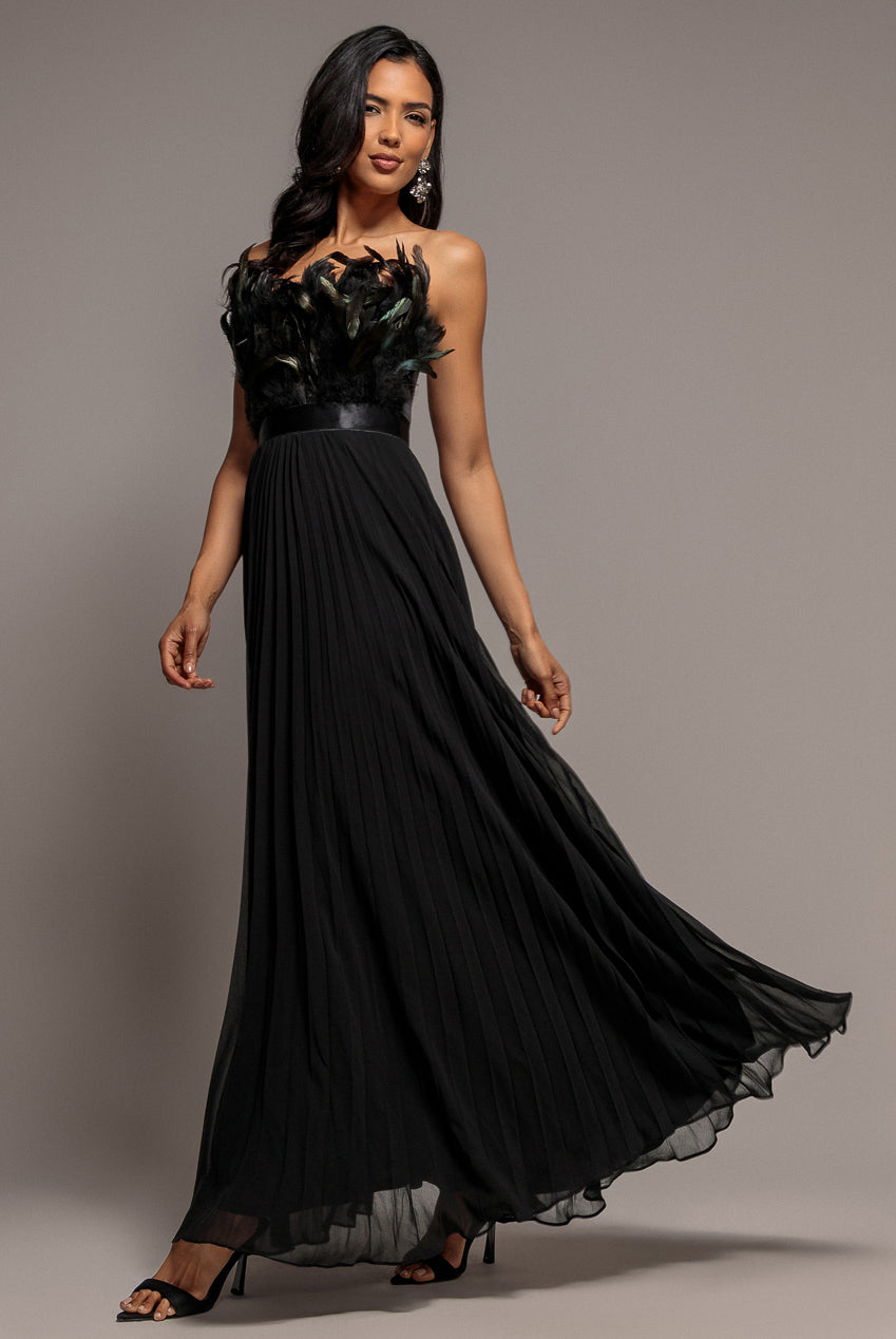 Goddiva Feather Off The Shoulder Pleated Evening Maxi Dress - Black