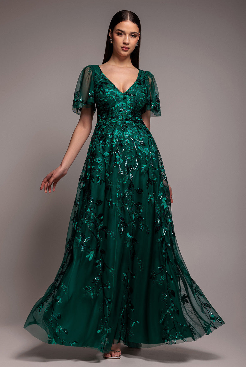 Flared Sleeve Embroidered Maxi Dress - Emerald Green by Goddiva
