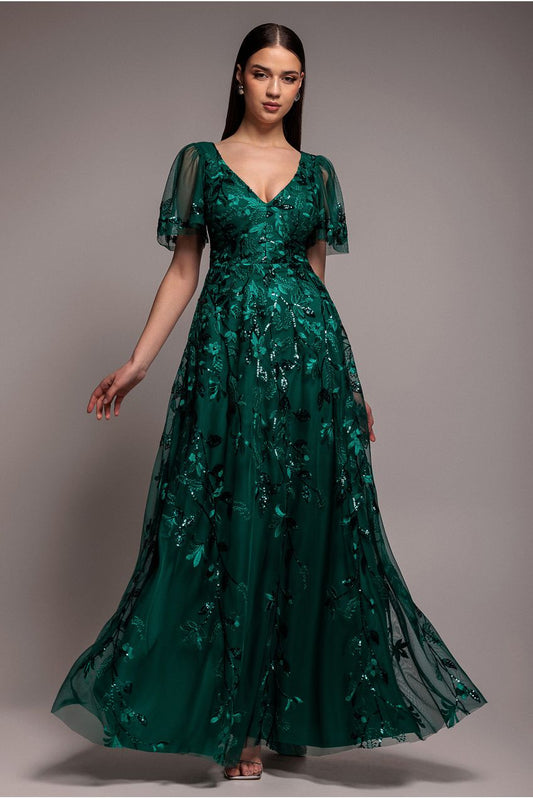 Goddiva Flared Sleeve Embroidered Maxi Dress - Emerald Green