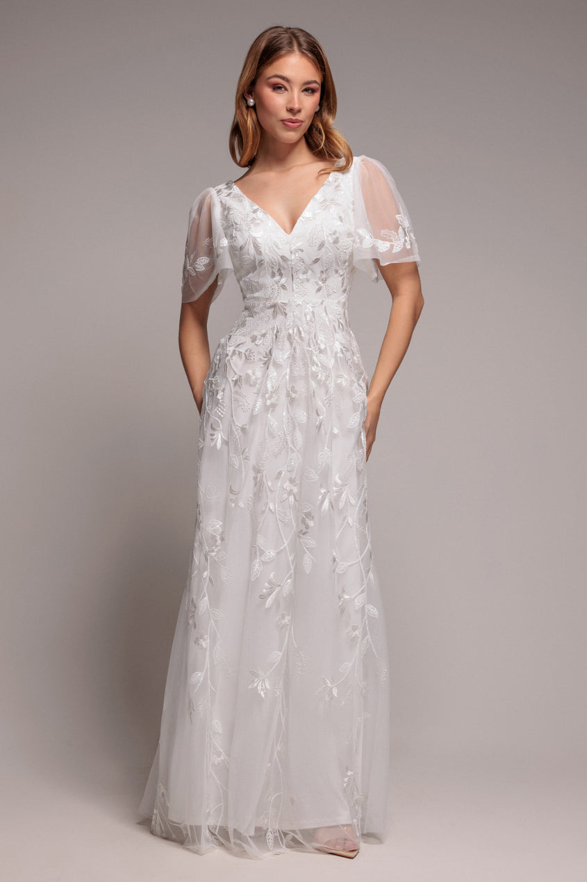 Goddiva Flared Sleeve Embroidered Maxi Dress - White