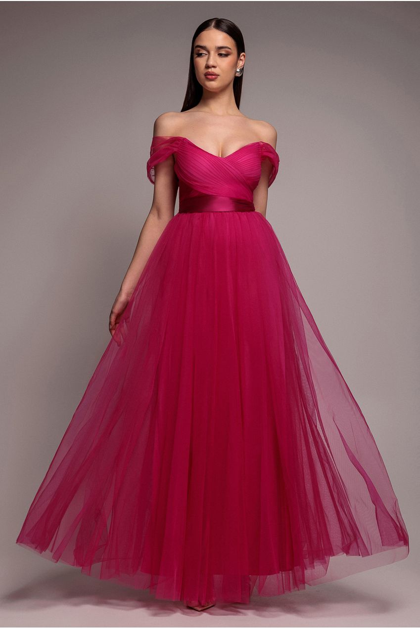 Goddiva Off The Shoulder Princess Maxi Dress - Hot Pink