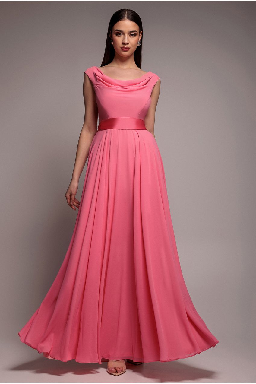 Goddiva Cowl Neck A-Line Chiffon Maxi Dress - Coral