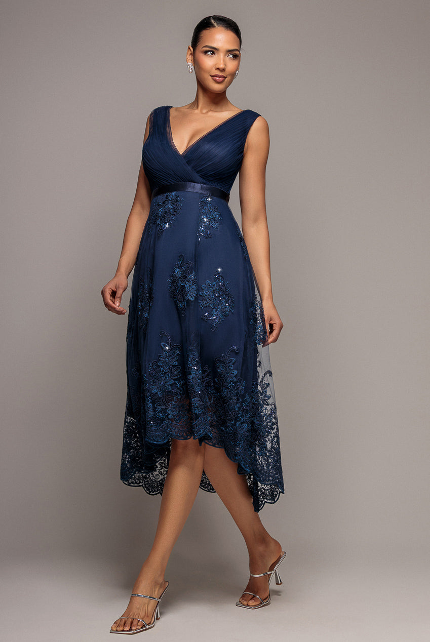 Goddiva Pleated Satin Bodice High And Low Dress - Navy
