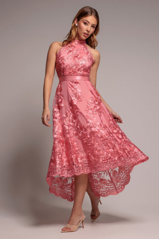 Halter Neck Lace High And Low Dress - Coral by Goddiva