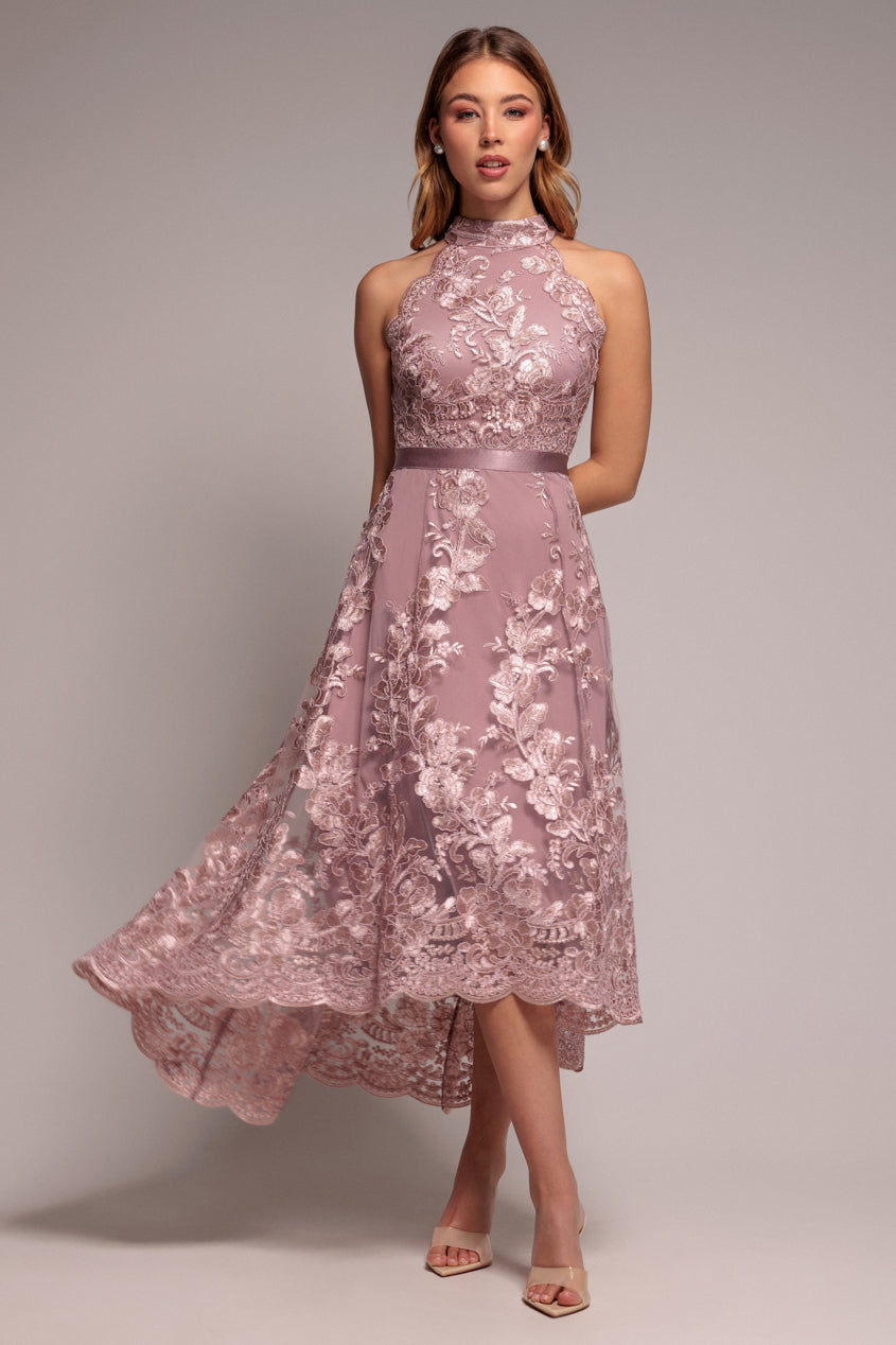 Goddiva Halter Neck Lace High And Low Dress - Pink