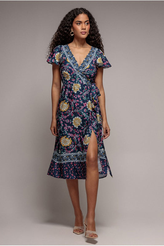 Goddiva Floral Print Wrap Midi With Flutter Sleeves - Navy Print