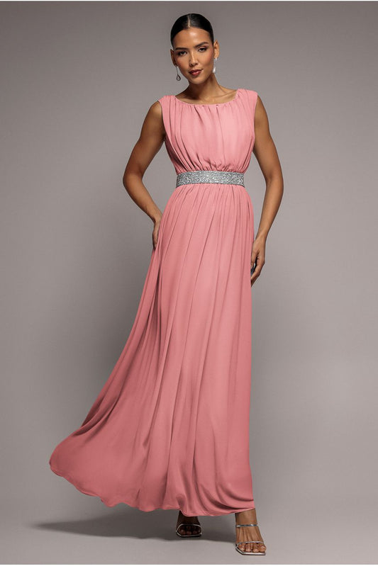 Chiffon Maxi With Embellished Belt - Peach by Goddiva