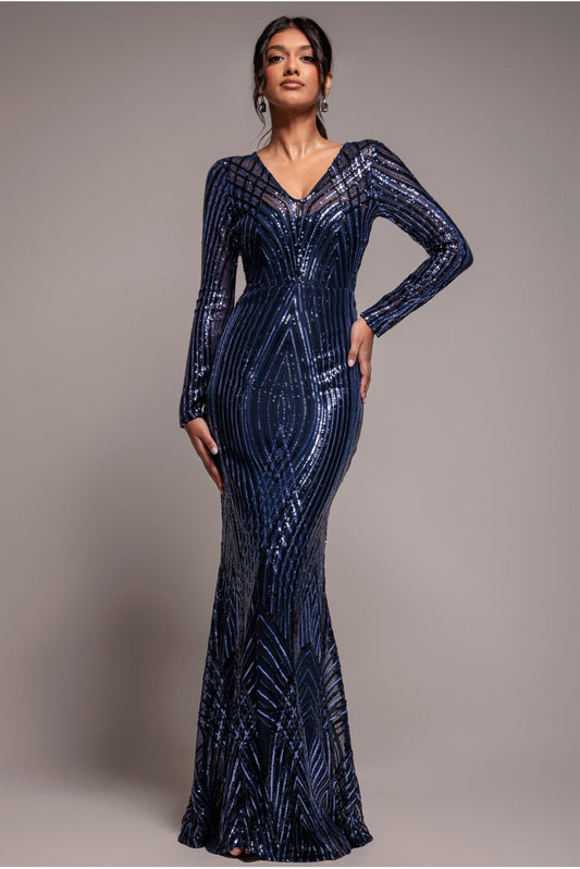 Goddiva Two Toned V Neck Sequin Maxi - Navy