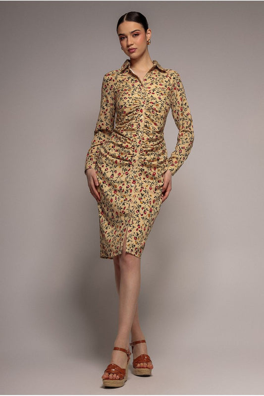 City Goddess Floral Print Shirt Dress - Beige