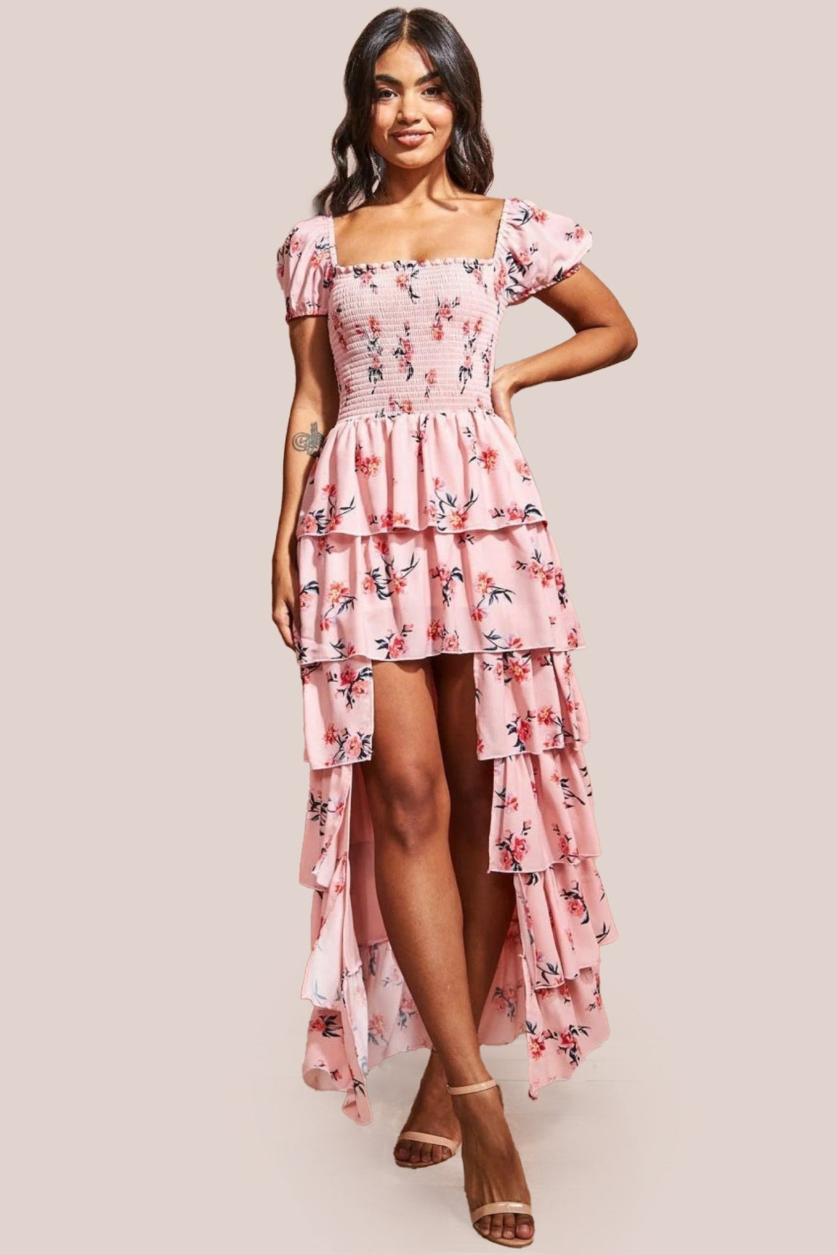 Layered Dipped Hem Floral Maxi - Peach by Goddiva