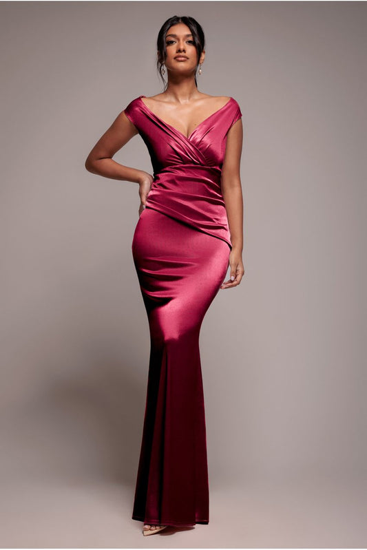 Satin Off The Shoulder Maxi Dress - Wine by Goddiva