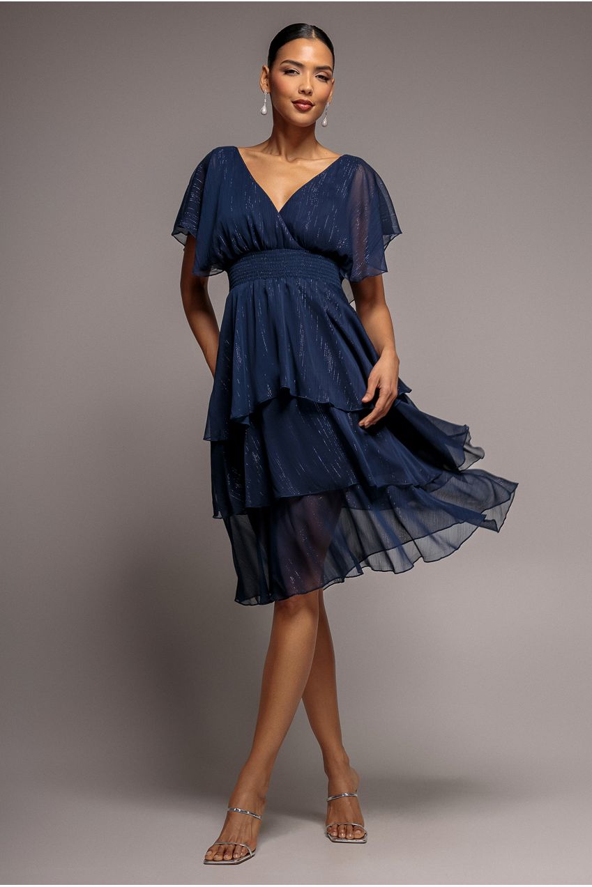 Goddiva Chiffon Layered Flutter Sleeve Midi Dress - Navy