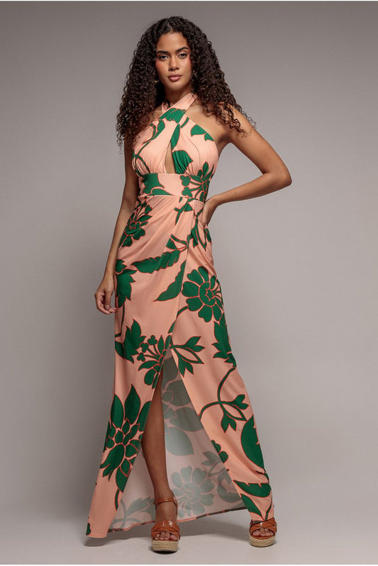 Printed Crossover Maxi Dress - Green by Goddiva