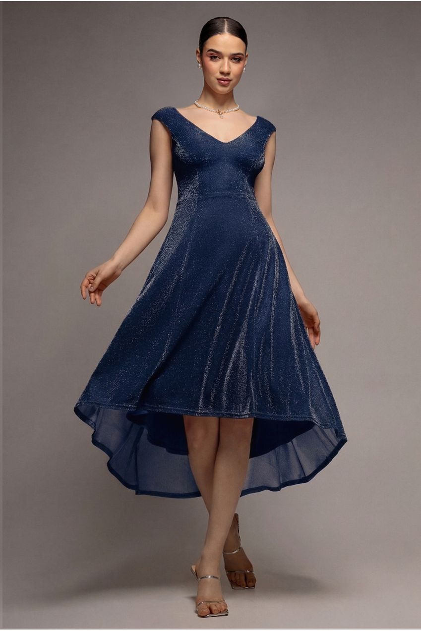 Off The Shoulder Lurex High Low Dress - Navy by Goddiva