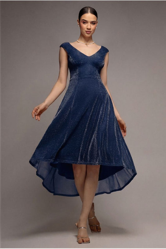 Off The Shoulder Lurex High Low Dress - Navy by Goddiva