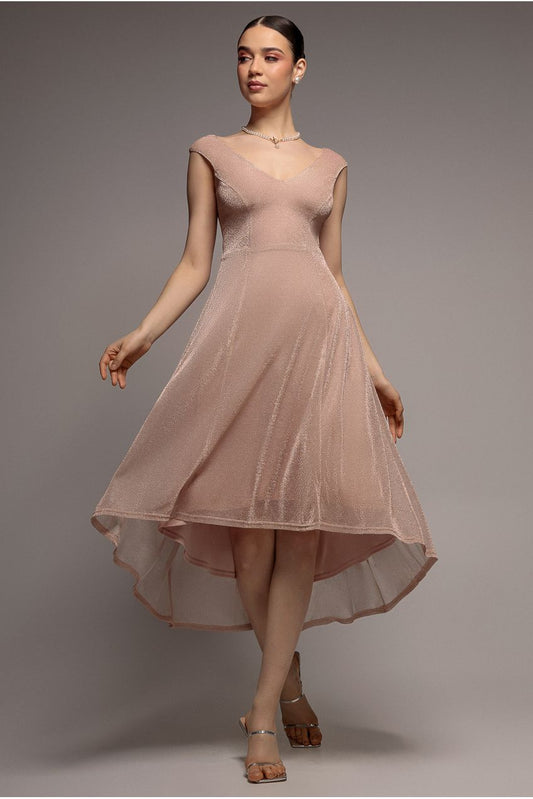 Goddiva Off The Shoulder Lurex High Low Dress - Nude