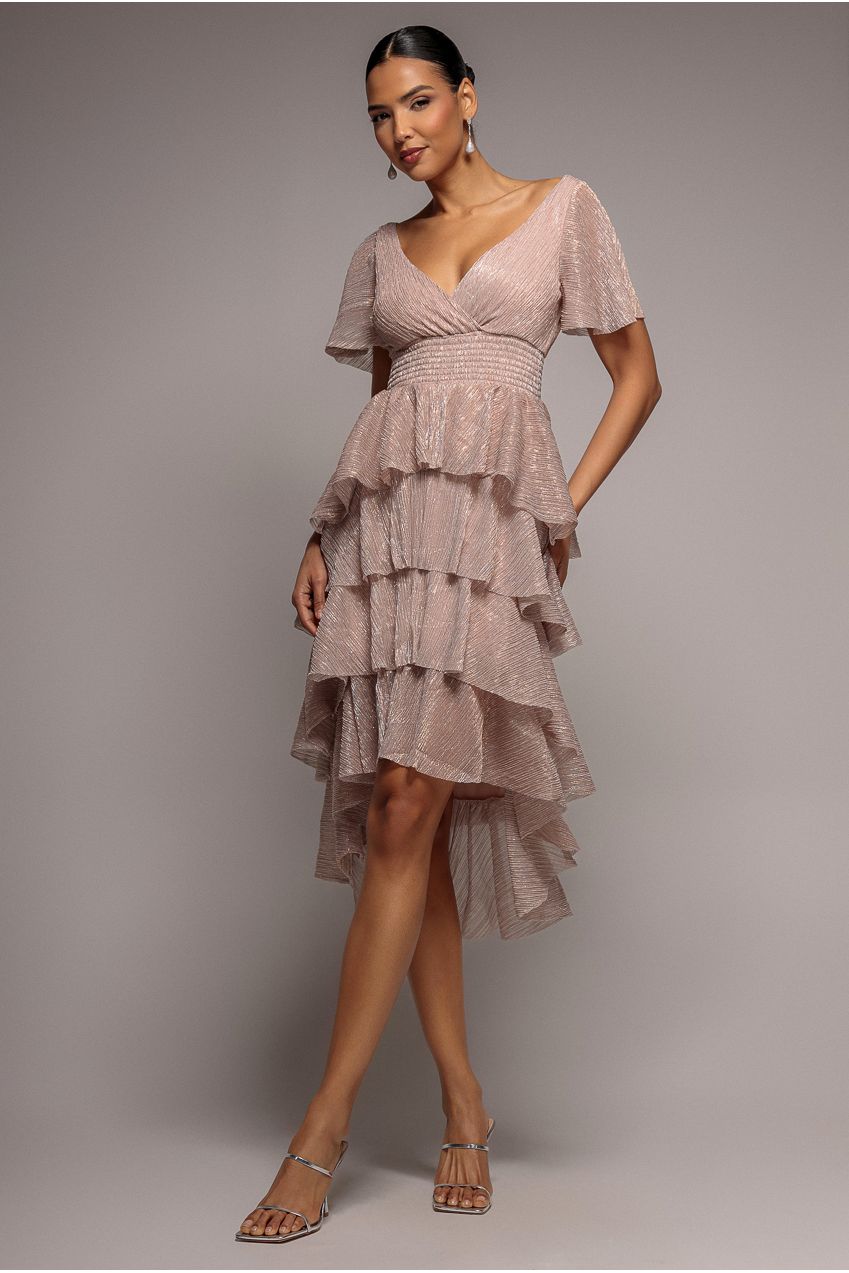 Goddiva Crinkle Lurex High Low Layered Midi Dress - Blush