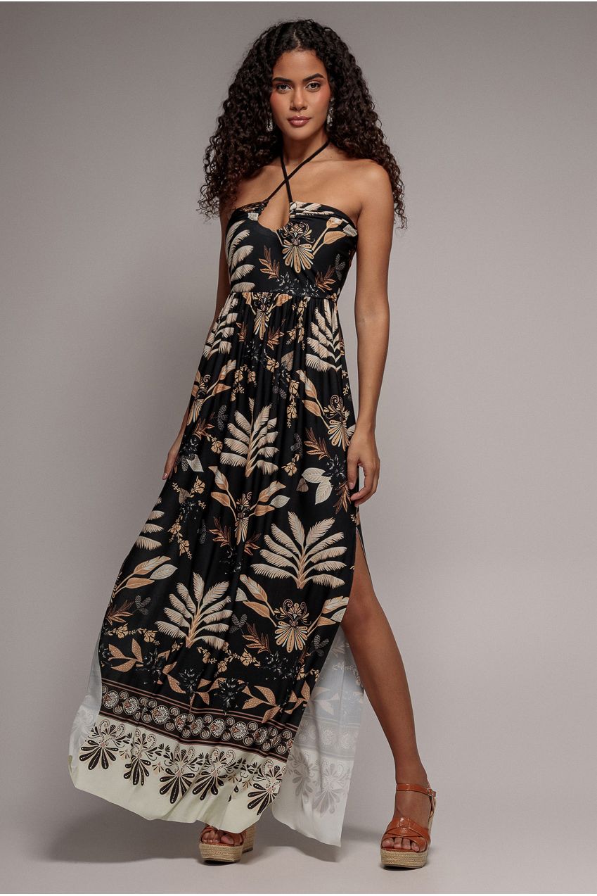Printed Tie Back Maxi - Black by Goddiva