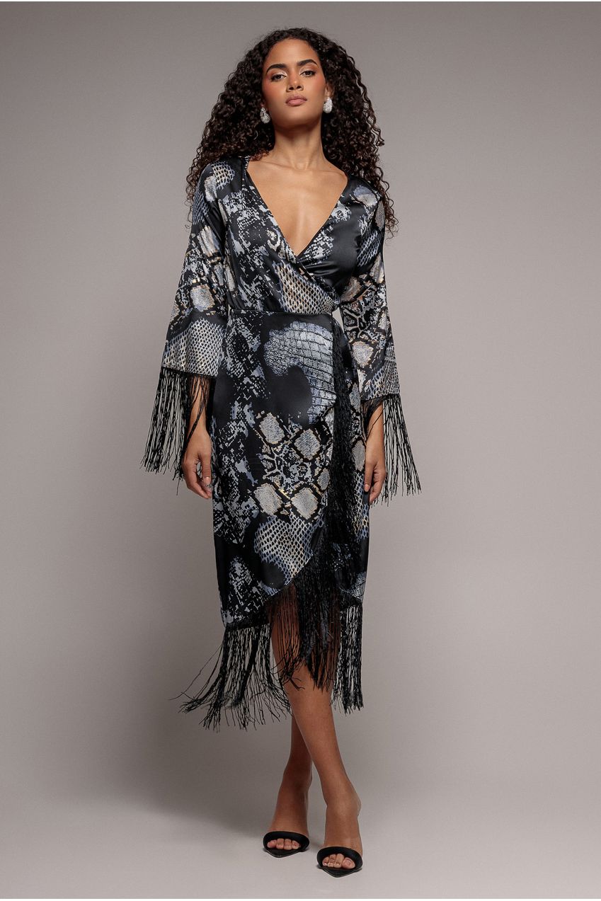 Goddiva Foil Print Wrap Midi With Tassels - Black