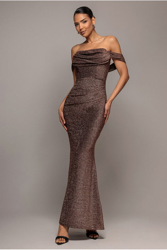 Goddiva Lurex Cowl Neck Off The Shoulder Maxi Dress - Bronze