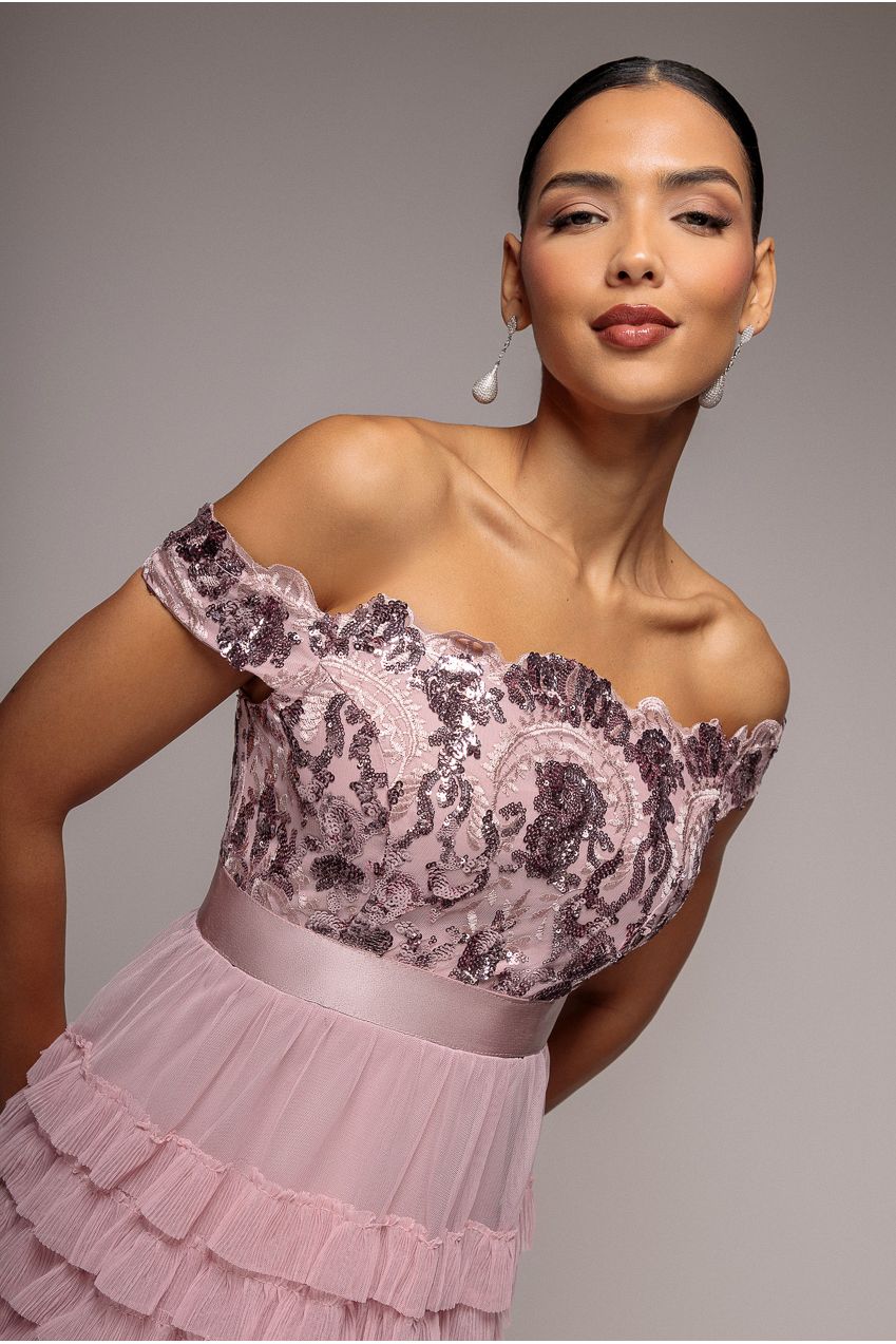 Scallop Bardot Ruffle Mesh Maxi - Blush by Goddiva