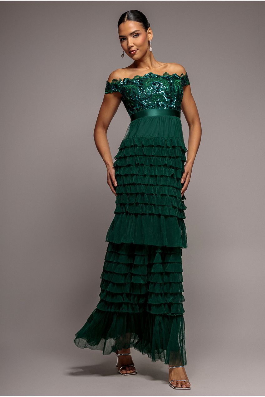 Goddiva Scallop Bardot Ruffle Mesh Maxi - Emerald Green