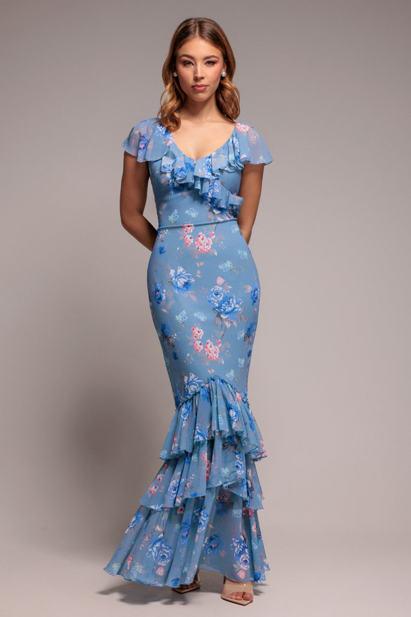 Goddiva Floral Printed Chiffon Ruffle Maxi - Blue