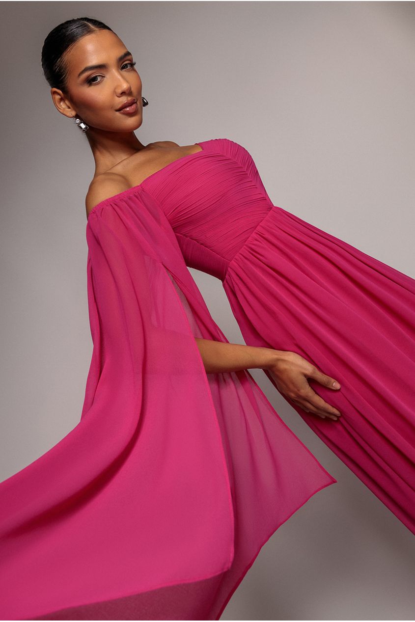 Goddiva Chiffon Off The Shoulder Maxi With Cape Sleeves  - Hot Pink