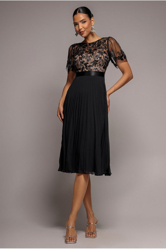 Embroidered Top Chiffon Pleated Midi - Black by Goddiva