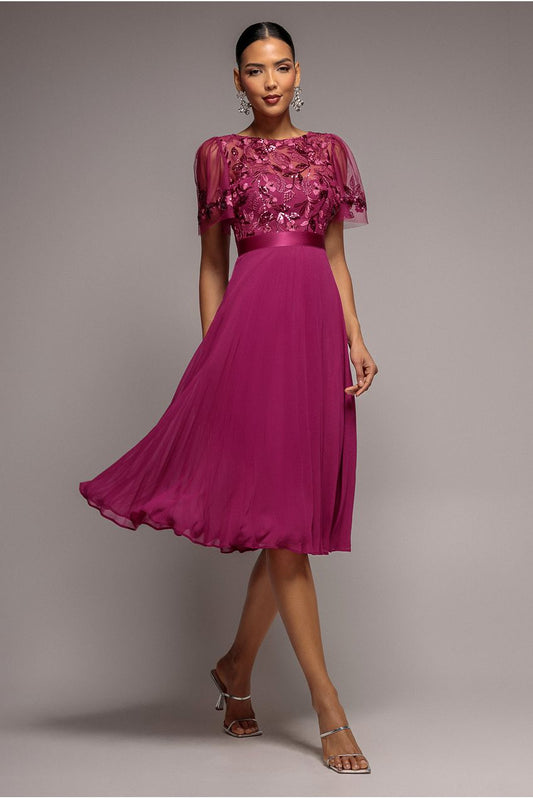 Embroidered Top Chiffon Pleated Midi - Magenta by Goddiva