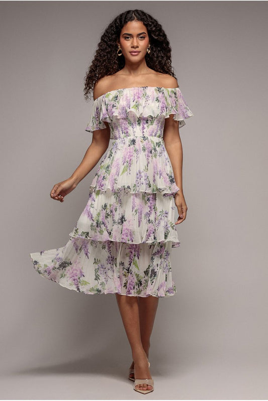 Goddiva Shirred Chiffon Floral Bardot Midi Dress - Multi