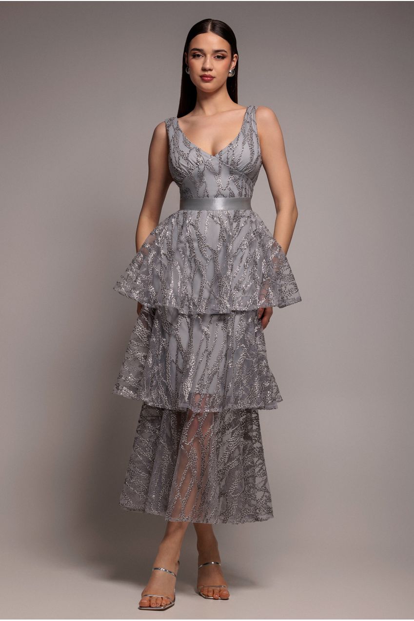 Goddiva Embroidered Mesh Tiered Midi Dress - Grey