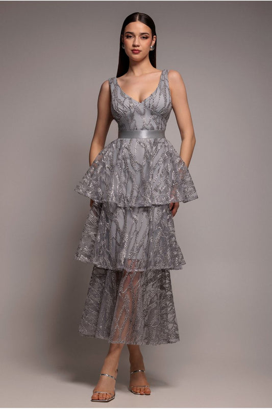 Goddiva Embroidered Mesh Tiered Midi Dress - Grey