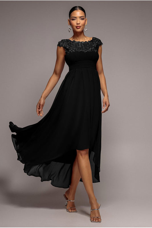 Goddiva Crochet & Pleated Top High Low Maxi - Black