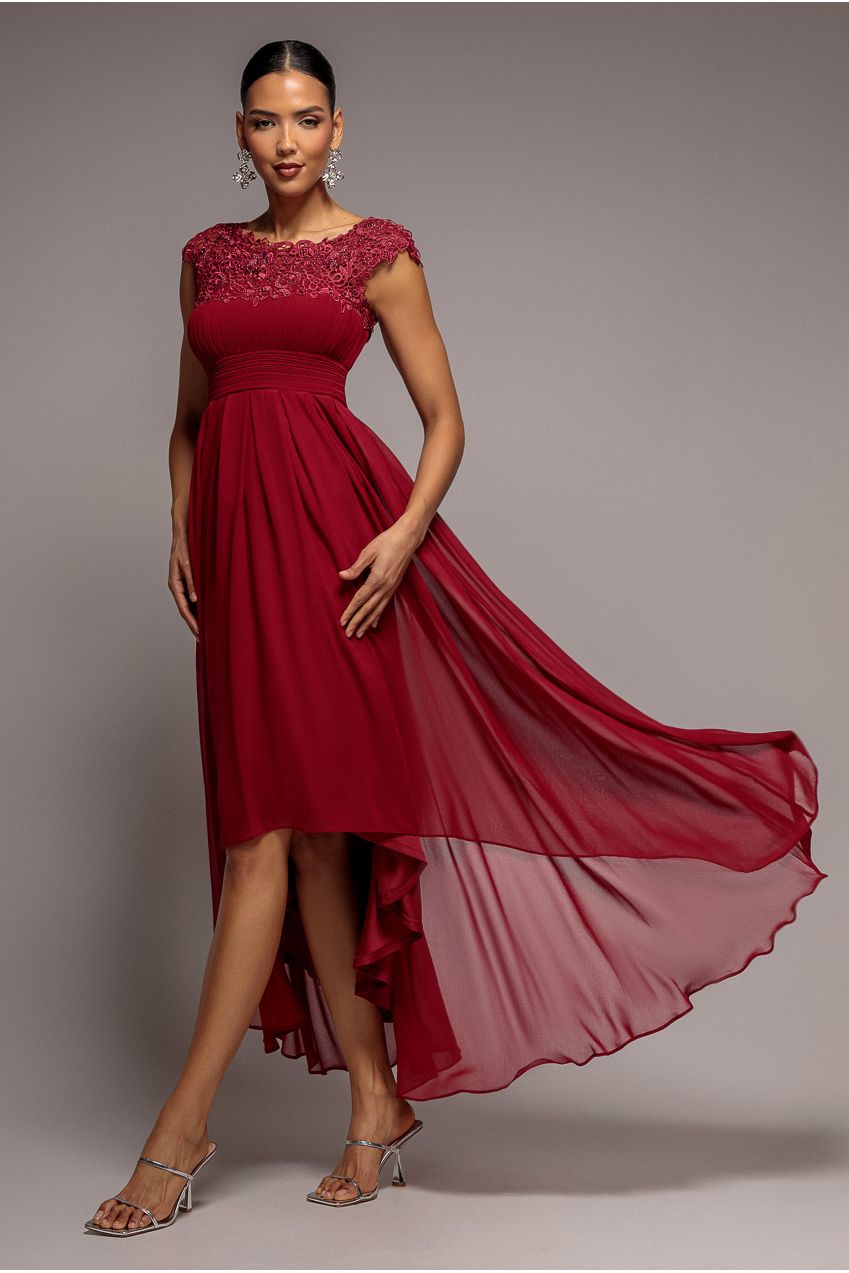 Goddiva Crochet & Pleated Top High Low Maxi - Burgundy