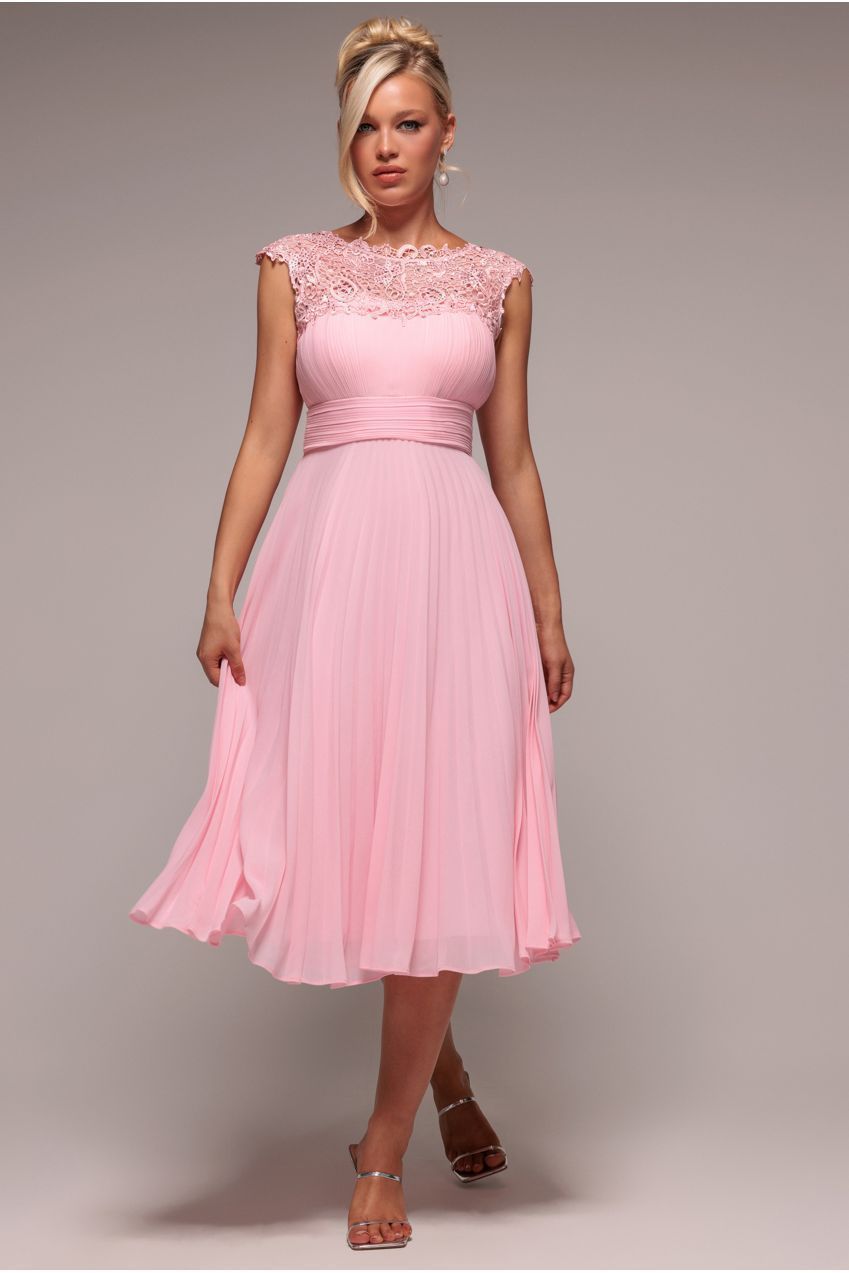 Goddiva Crochet & Pleated Top Midi Dress - Blush Pink