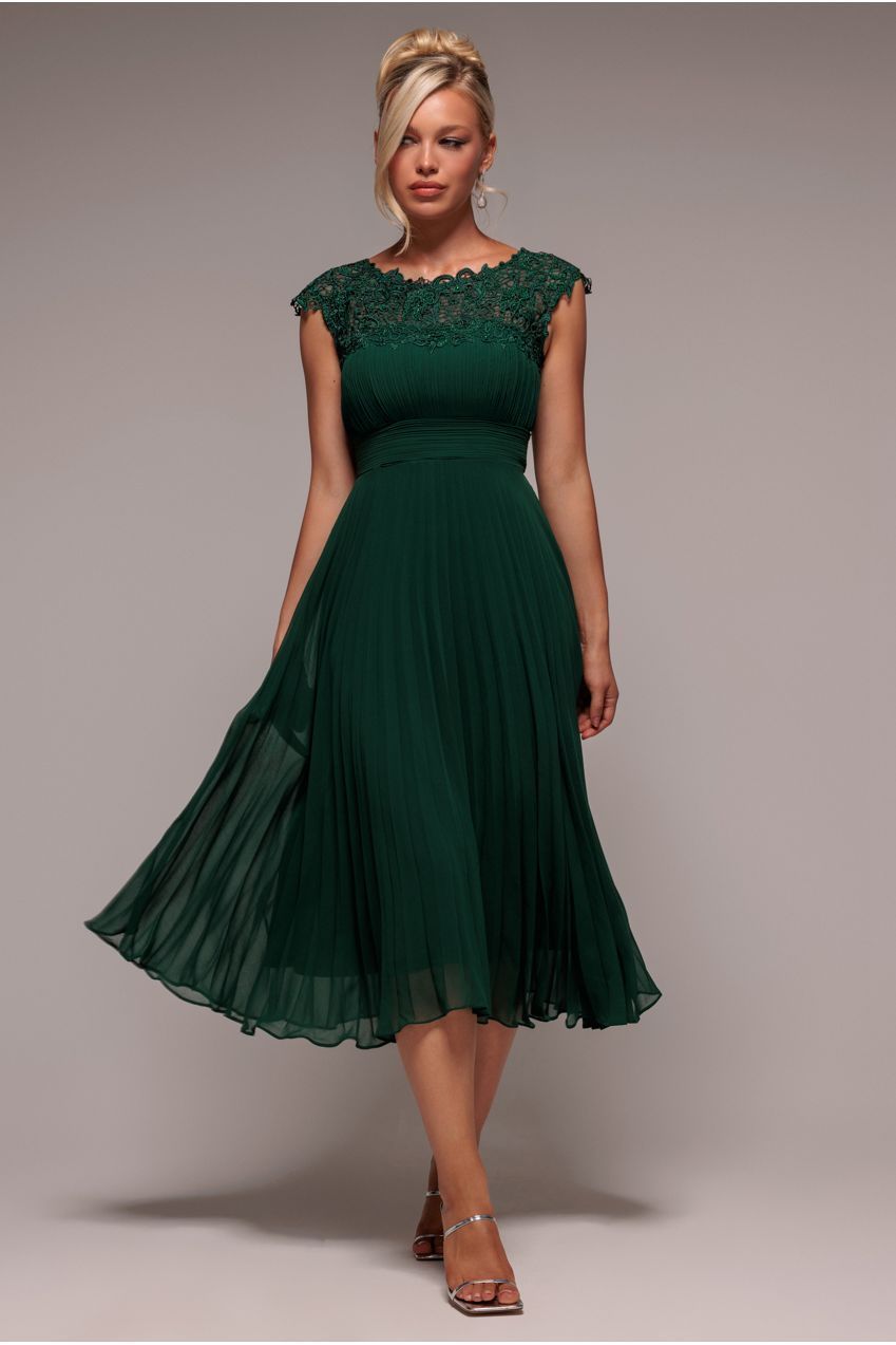 Goddiva Crochet & Pleated Top Midi - Emerald