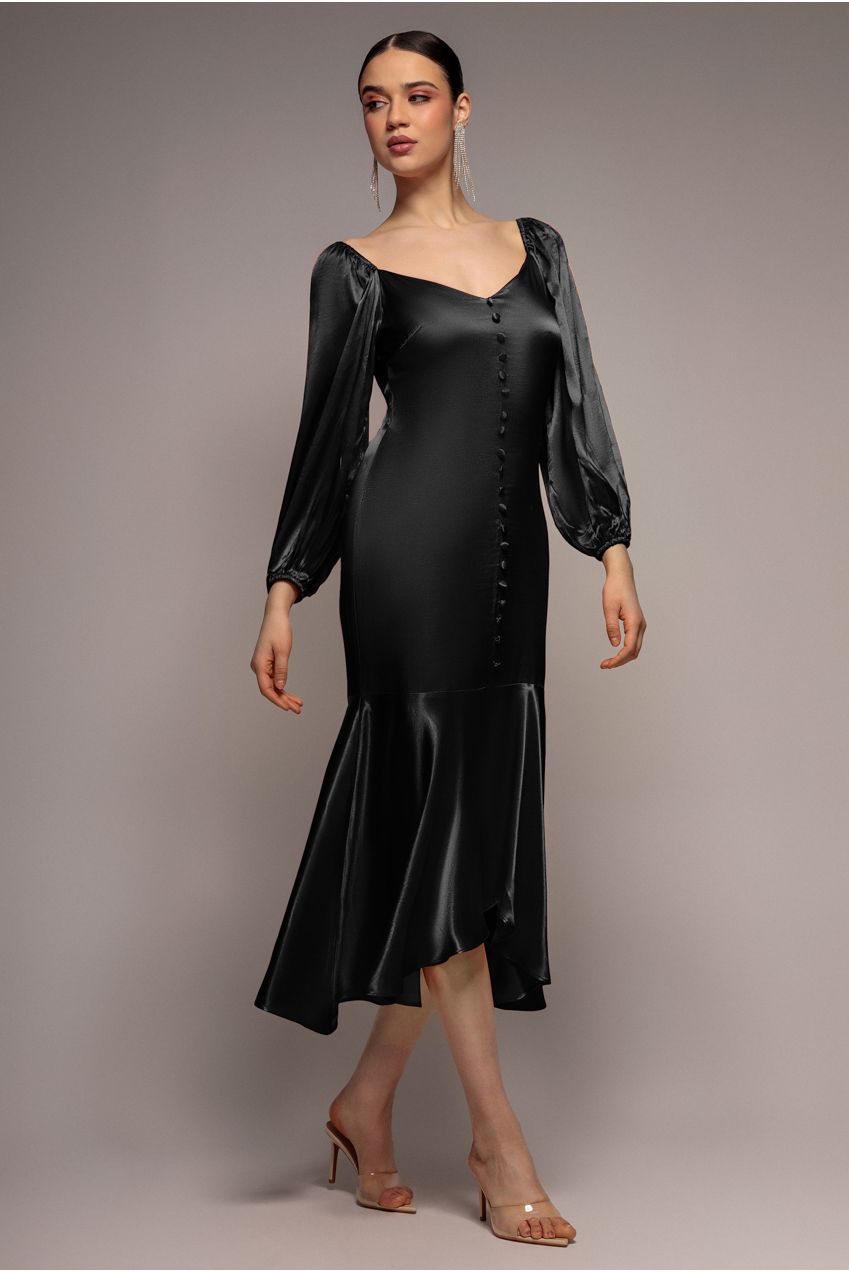 Goddiva Satin Viscose Front Buttoned Dipped Hem Midaxi Dress - Black