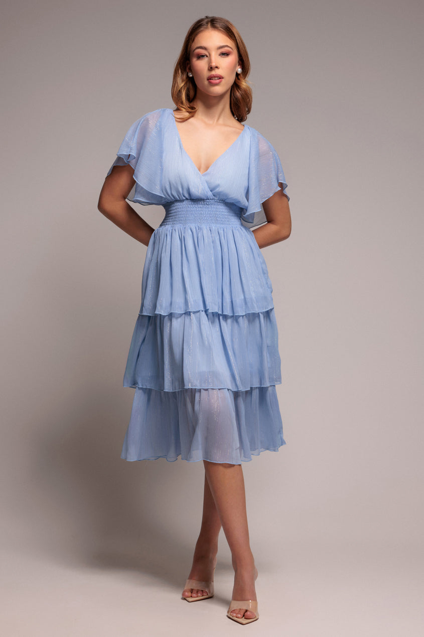 Goddiva Plain Lurex Chiffon Tiered Dress - Light Blue
