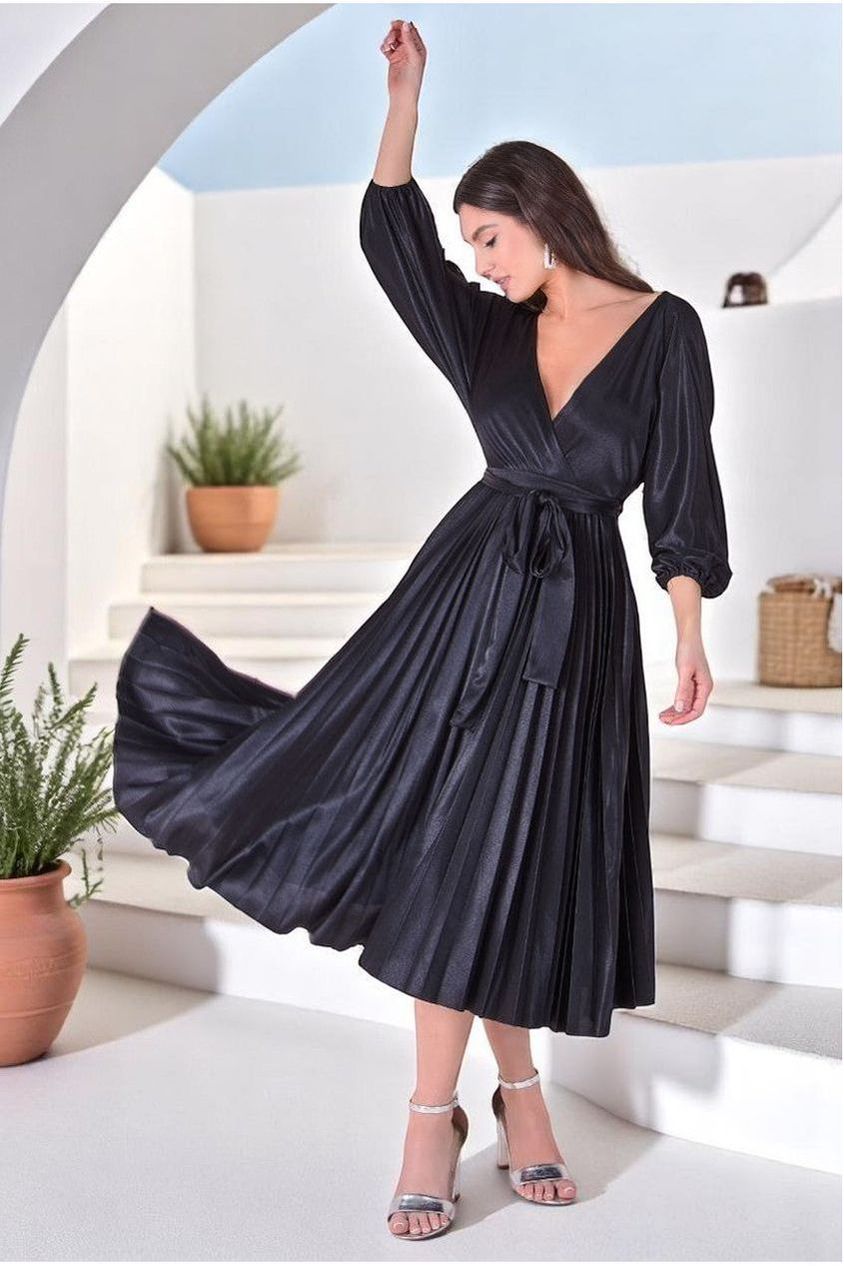 Goddiva Satin Pleated Skirt Wrap Midi Dress - Black
