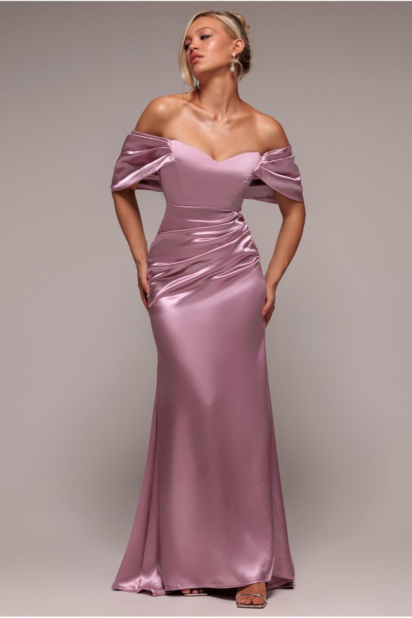 Goddiva Off Shoulder Satin Maxi With V Neck - Rosepink