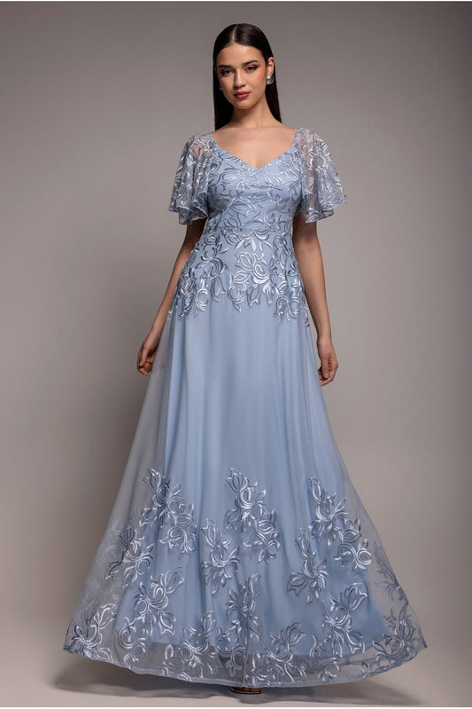 Lace Flutter Sleeve Embroidered Mesh A Line Maxi Dress - Blue by Goddiva