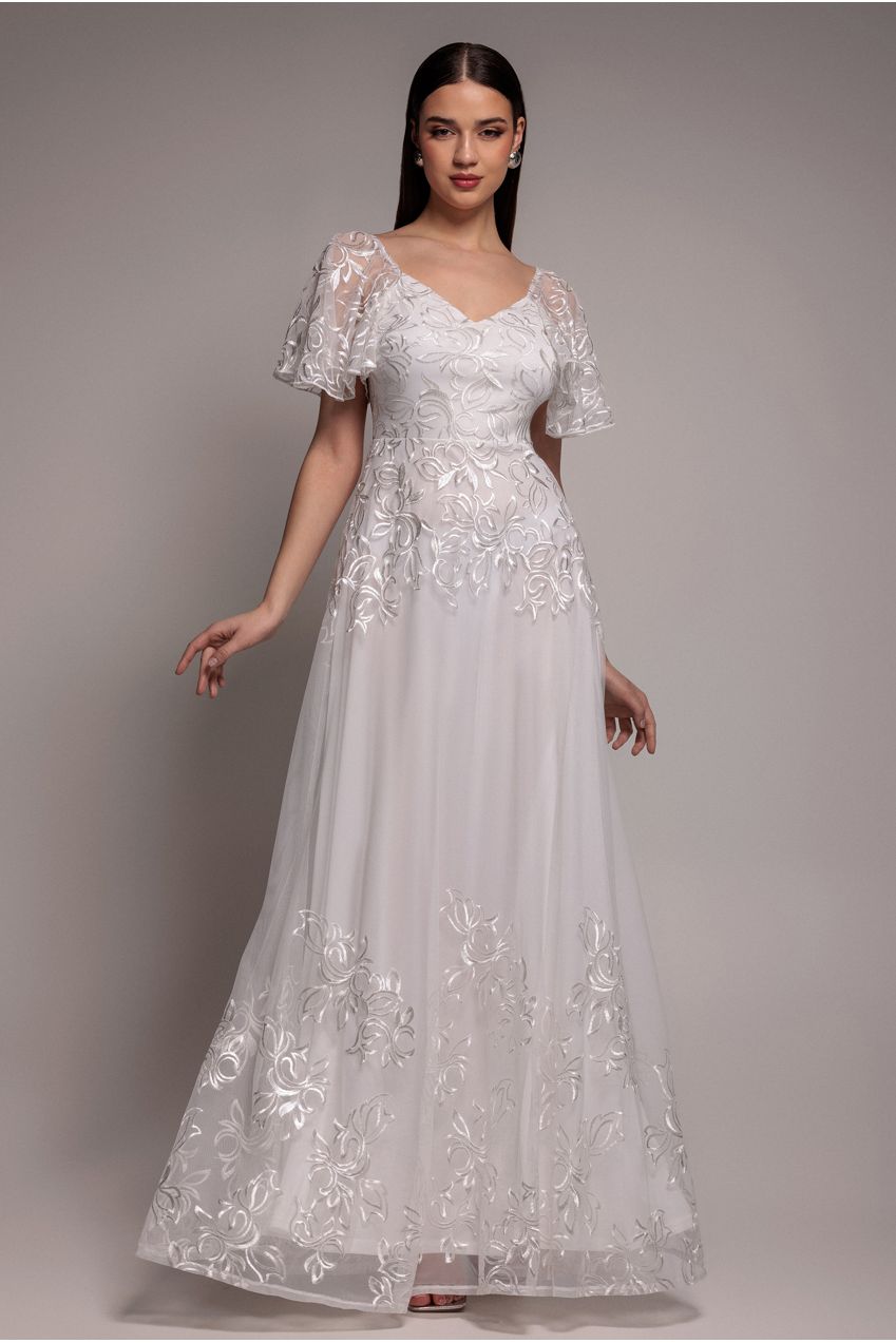 Goddiva Lace Flutter Sleeve Embroidered Mesh A Line Maxi Dress - White