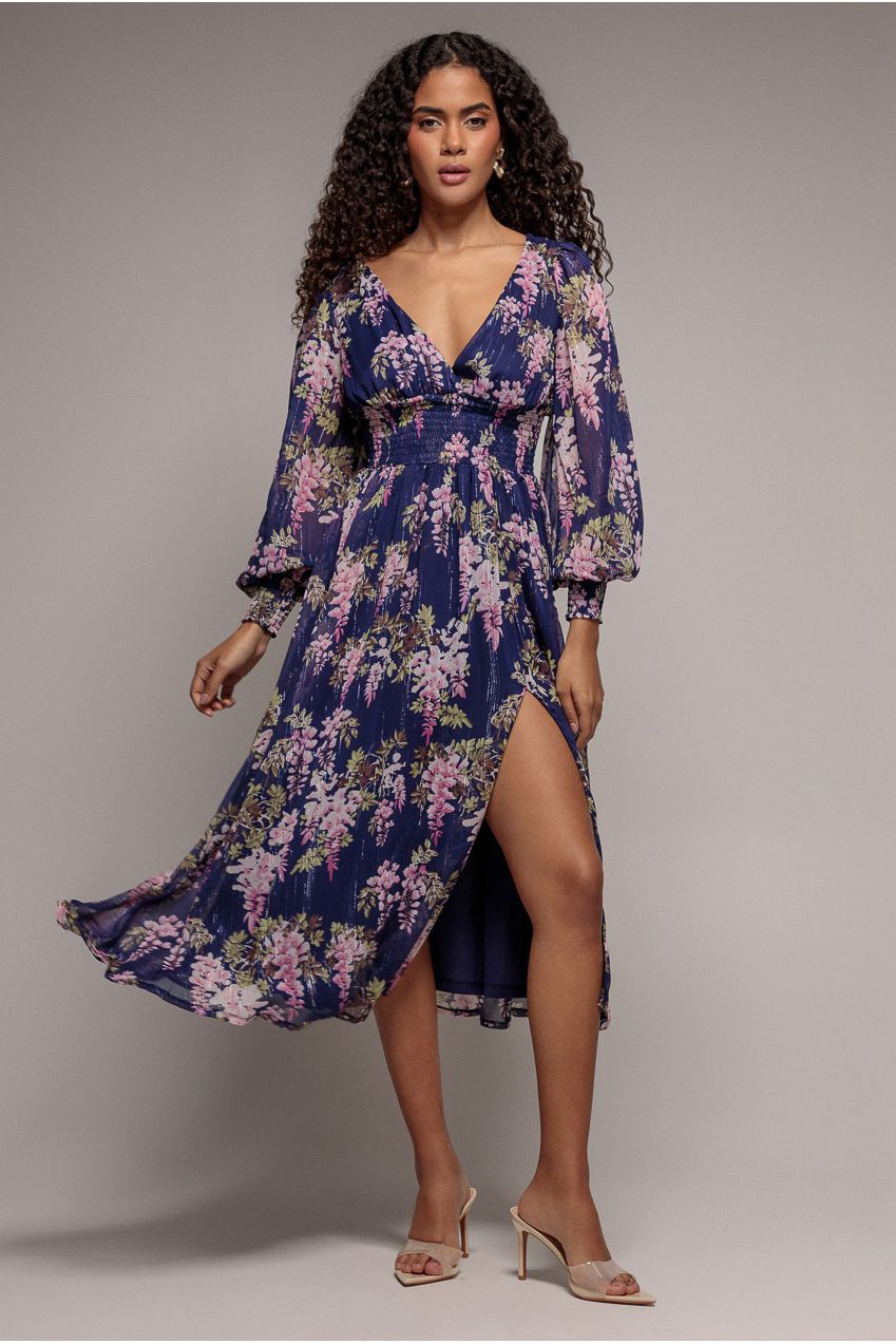 Goddiva Printed Lurex Chiffon Long Sleeve Midi Dress - Navy