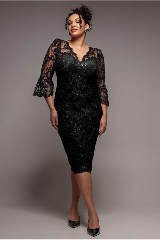 Goddiva Plus Scallop Lace Midi Dress - Black