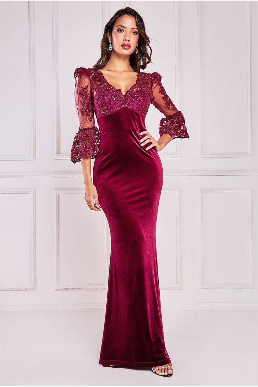 Scalloped Lace & Velvet Maxi Dress - Burgundy by Goddiva
