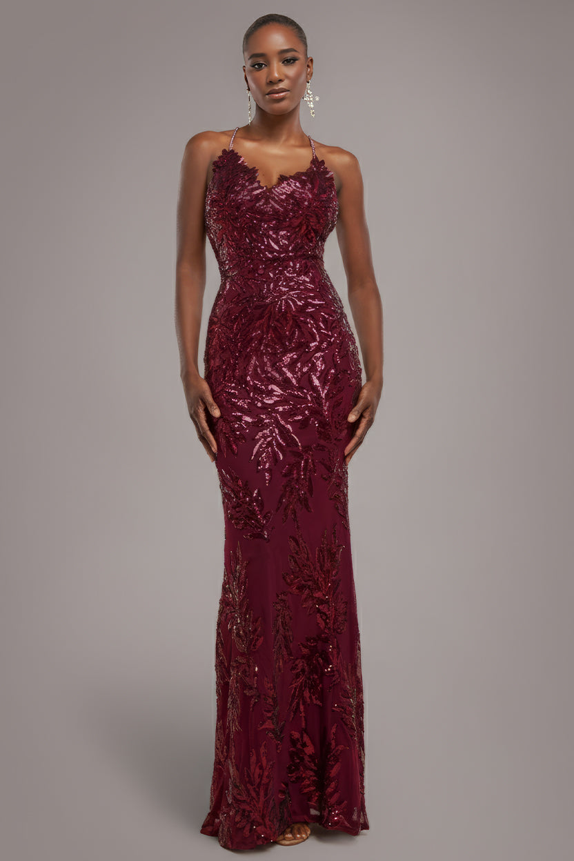 Cross Back Diamante Strap Sequin Maxi - Burgundy by Goddiva