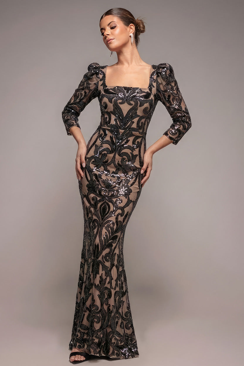 Goddiva Square Neck Scalloped Lace Maxi - Black