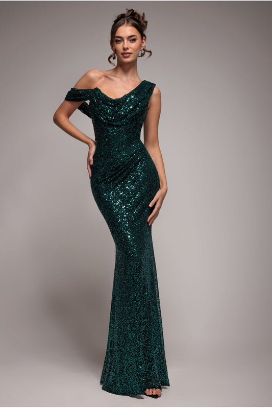 Goddiva Sequin Cowl One Shoulder Maxi Dress - Emerald Green